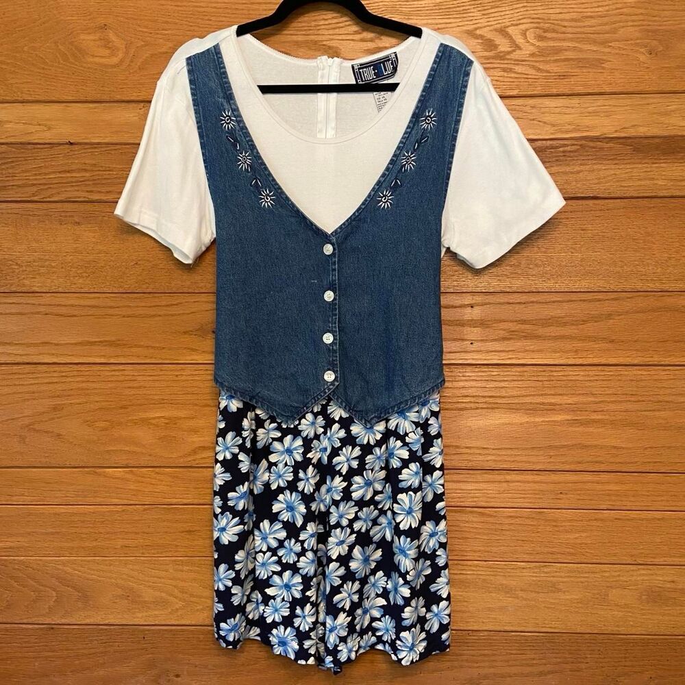 Vintage 90s denim vest floral embroidered floral print romper